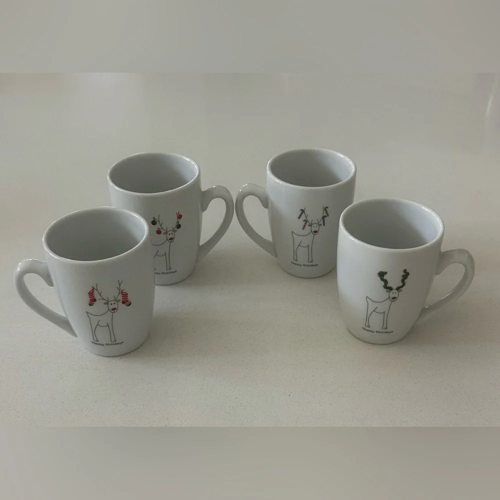 Vtg BIA Rudy The Reindeer Happy Holidays Coffee Mugs Double Sided Set Of 4